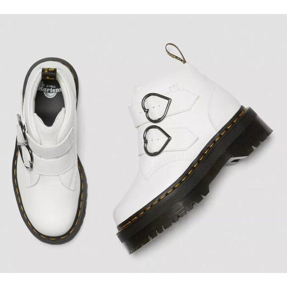 Dr. Martens Women's Devon Hearts White Leather PLATFORM Boots US 5 Buckle SlipOn - Picture 1 of 10